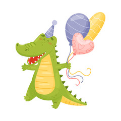 Humanized green crocodile with balloons. Vector illustration on a white background.