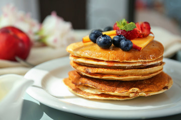 Tasty pancakes on plate, closeup