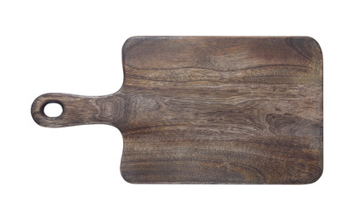 Wooden cutting board isolated on white background. Top view.