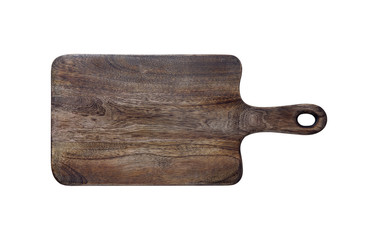 Wooden cutting board isolated on white background. Top view.