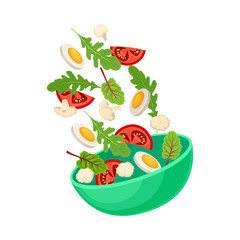 Green bowl with slices of boiled egg and vegetables. Vector illustration on a white background.