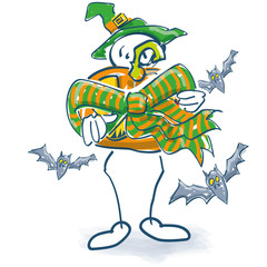 Strichmännchen mit einem großen verpackten Kürbis als Halloween Geschenk