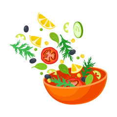 Orange bowl with slices of tomato, lemon and herbs. Vector illustration on a white background.