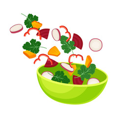 Light green bowl with slices of beets and other vegetables. Vector illustration on a white background.