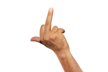Hand showing middle finger isolated on white background.
