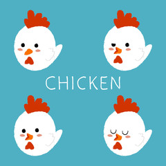 Cute chicken with different emotions vector cartoon set isolated on background.