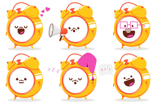 Cute clock cartoon characters vector set isolated on a white background.