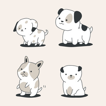 Cute outline dogs vector cartoon set isolated on background.