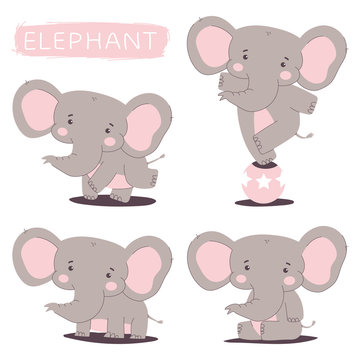 Cute elephant vector cartoon characters set isolated on a white background.