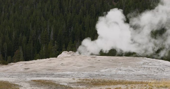 Yellowstone National Park Old Faithful steam venting. Cone geyser predictable geothermal ecosystem environment. Caldera superolcano. Biology geography and ecology.