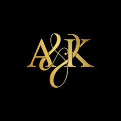 Initial letter A & K AK luxury art vector mark logo, gold color on black background.
