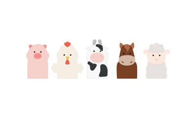 Set of farm animals, pig, cock, cow, horse, sheep, finger puppets, flat design