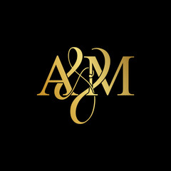 Initial letter A & M AM luxury art vector mark logo, gold color on black background.