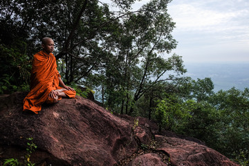 Buddha monk make meditation in deep peace forest