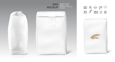High realistic clean vertical bag mockup with adhesive label. Front, side view. Vector illustration isolated on white background. Easy to use for presentation your product, idea, promo, design. EPS10.