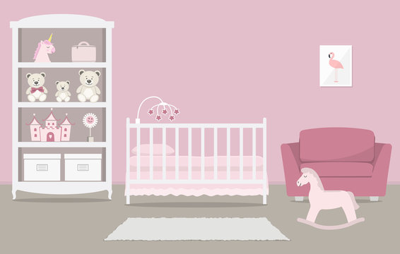 Kid's room for a newborn baby. Interior bedroom for a baby girl in a pink color. There is a cot, a wardrobe with toys, armchair, a rocking horse and other things in the picture. Vector illustration
