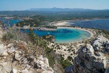 Panoramic aerial view of voidokilia beach, one of the best beaches in mediterranean Europe, beautiful lagoon of Voidokilia from a high point of view, Messinia, Greece