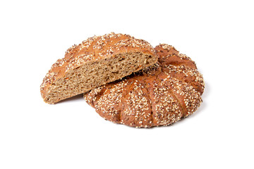 Whole wheat bread isolated on white background. One and a half sliced