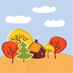 Small house with the garden, between autumn yellow and red trees, smoke coming from the chimney, on a sunny autumn day, vector
