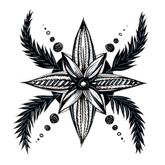 black and white symmetric flower with leaves tattoo