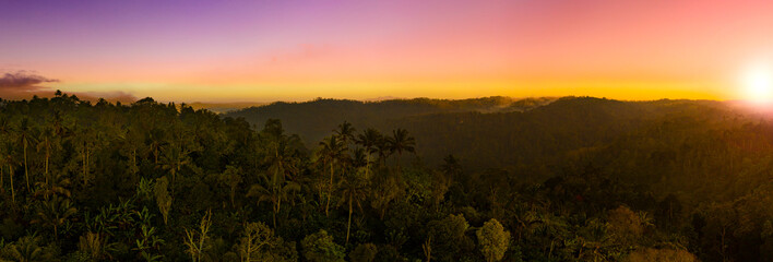 Aerial view over tropical rainforest during a dramatic sunrise panoramic, Bali, Indonesia