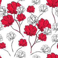 Red flowers seamless pattern. Floral spring ornament. Beautiful blosson design is good for wallpaper, textile, fabric, wrapping paper, background. 