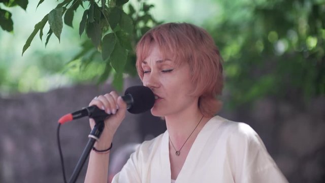 Street musicians. The singer sings into the microphone.