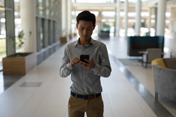 Fototapeta premium Asian male executive using mobile phone in modern office