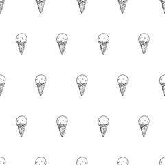 Naklejka premium Ice cream waffle cones - vector seamless pattern. Fun cartoon illustration black contour on white background.