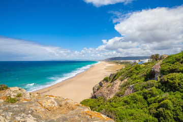 landscape of Atlanterra Beach, from top of mountain in Cape Plata, near Zahara de los Atunes village (Cadiz, Andalusia, Spain)