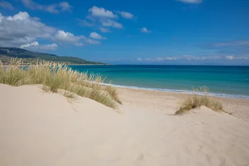 Papier Peint photo Plage de Bolonia, Tarifa, Espagne paysage de dunes de sable avec des plantes dans la belle plage naturelle sauvage de Bolonia à Tarifa, Cadix, Andalousie, espagne. Horizon, ciel bleu et nuages