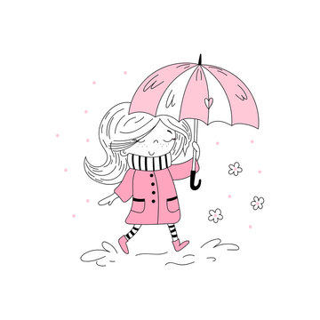 Cute little girl in pink coat and stripy scarf hiding under umbrella during during the rain weather. Vector doodle illustration in pink colour for girlish designs like textile apparel print, wall art