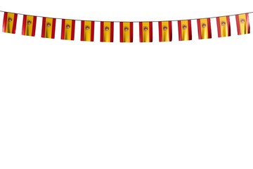 wonderful many Spain flags or banners hanging on string isolated on white - any holiday flag 3d illustration..
