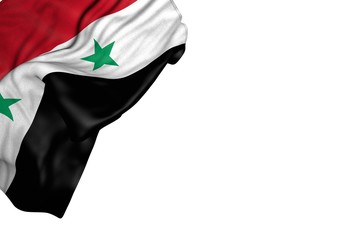 nice Syrian Arab Republic flag with large folds lying flat in top left corner isolated on white - any feast flag 3d illustration..