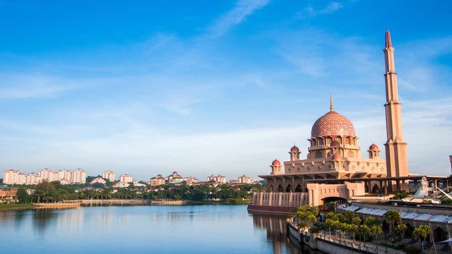 Time-lapse Putra Mosque or pink masjid in Putrajaya, Malaysia. PR, Panning Right, Panning.