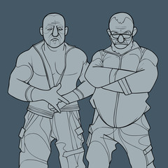 sketch of two cartoon menacingly looking brutal men