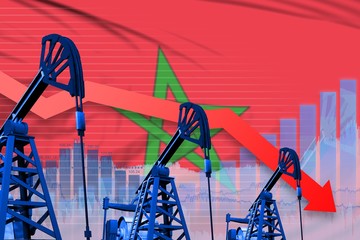 lowering, falling graph on Morocco flag background - industrial illustration of Morocco oil industry or market concept. 3D Illustration