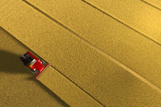 Red grain agricultural combine harvester works on big wheat field - view from above in aerial shoot style, industrial 3D illustration