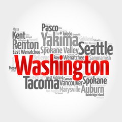 Fototapeta premium List of cities in Washington USA state, map silhouette word cloud map concept