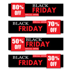Fototapeta premium Black Friday set of banners 30%,50%,70%,80% discounts. Season sale banners set. Pattern special offers