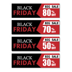 Black Friday set of banners 30%,50%,70%,80% discounts. Season sale banners set. Pattern special offers