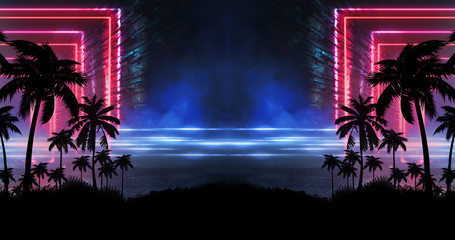 Fototapeta premium Night landscape with palm trees, against the backdrop of a neon sunset, stars. Silhouette coconut palm trees on beach at sunset. Vintage tone. Space futuristic landscape. Neon palm tree