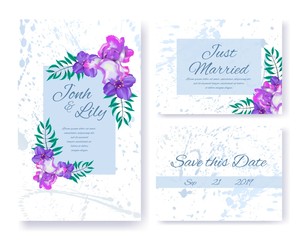 Wedding Invitations Set with Flowers and Leaves