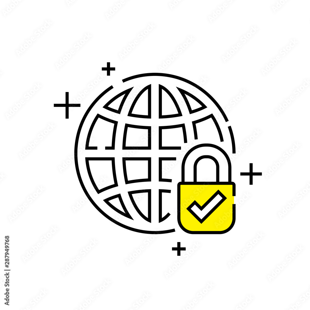 Wall mural global security line icon. secure globe symbol. world network lock sign. internet privacy emblem. ve