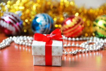 gift box with red bow on christmas decor ea new year a holiday