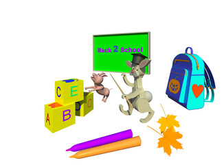 Back to school 3D illustration 4. Classroom green blackboard, learning toy blocks, backpack with letters and symbols, a bunny character playing teacher and a piglet character junior student. Isolated 