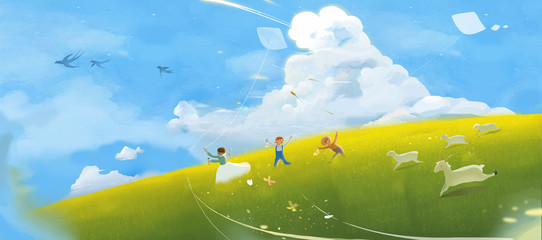 Spring, Spring, Spring Equinox, Spring Wind, Swallow, Kite Flying, Sheep, Sheep, Cloud, Hillside, Grassland, Ranch, Grazing, Partner, Play, Children, Childhood, Childhood, Childhood, Happiness, Joy, P