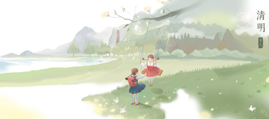 Swing, partner, hair, children, children, playmates, spring outings, spring, spring, park, spring outings, outings, Qingming Festival, Qingming, grassland, nature, girls, illustrations,