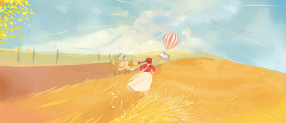 Autumn Equinox, Autumn, Autumn, Liqiu, Paddy Field, Wheat Field, Farmland, Hillside, Balloon, House, Girl, Girl, Aesthetic, Small and Fresh, Literature and Art, Running, Chasing, Pursuing, Pursuing, D