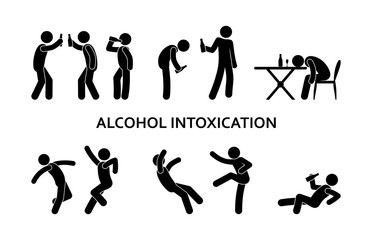 drunken man behavior, fight, alcohol abuse illustration, stick figure people icons